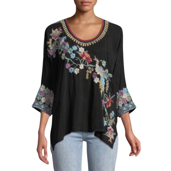 JOHNNY WAS Merielle Blouse Black Embroidered Tunic Top Size Large - Picture 5 of 15